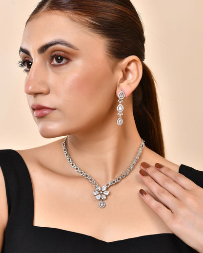 VOJ Silver Plated Ad Stone Studded Floral Jewellery Set