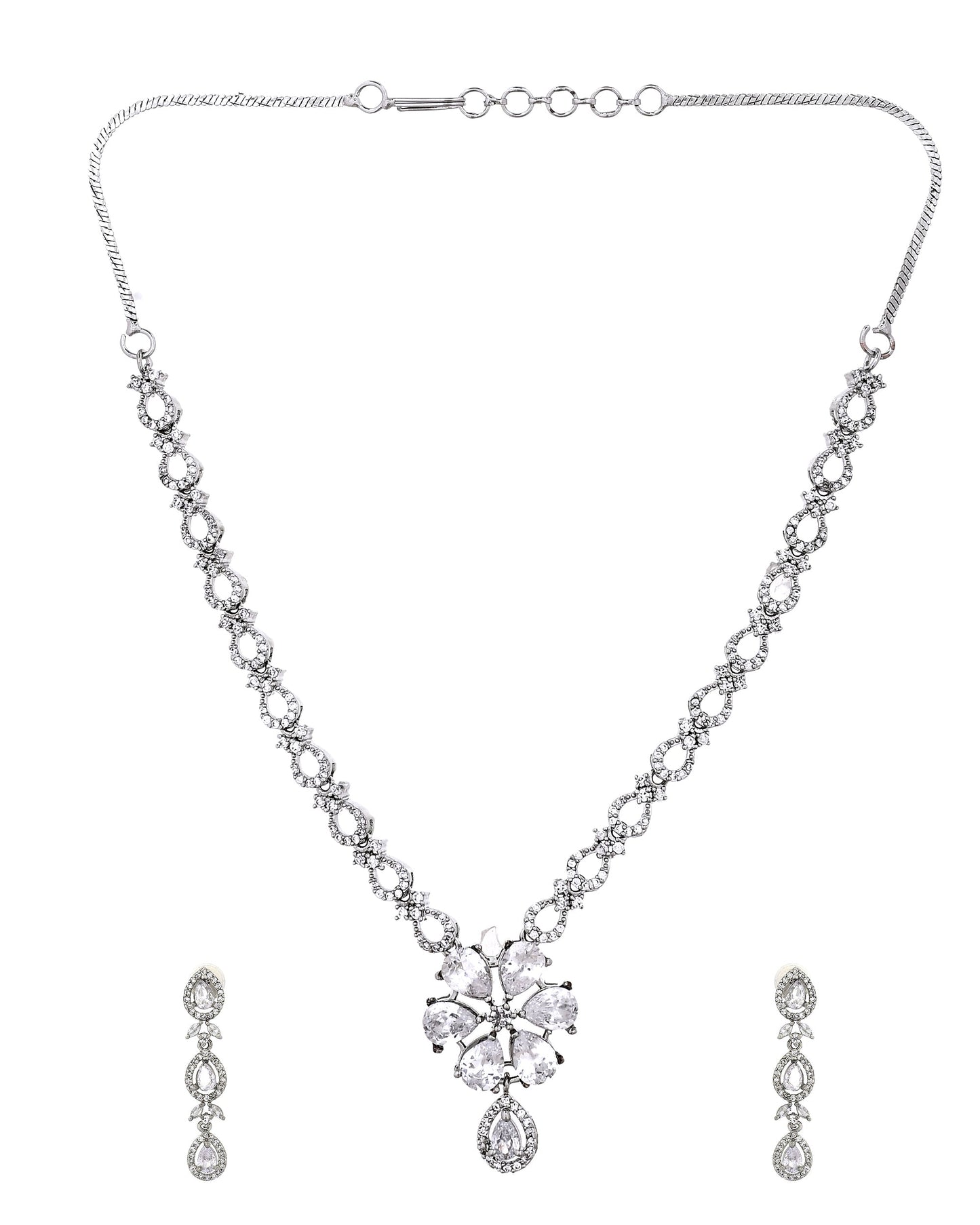 VOJ Silver Plated Ad Stone Studded Floral Jewellery Set