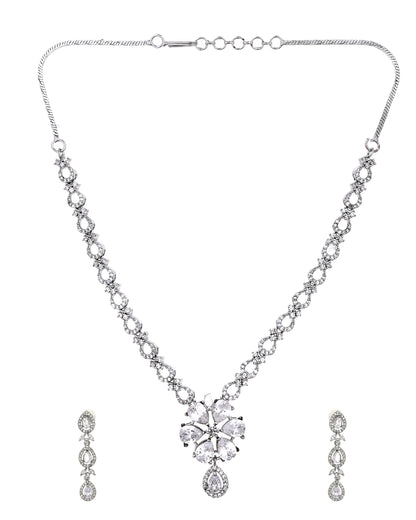 VOJ Silver Plated Ad Stone Studded Floral Jewellery Set