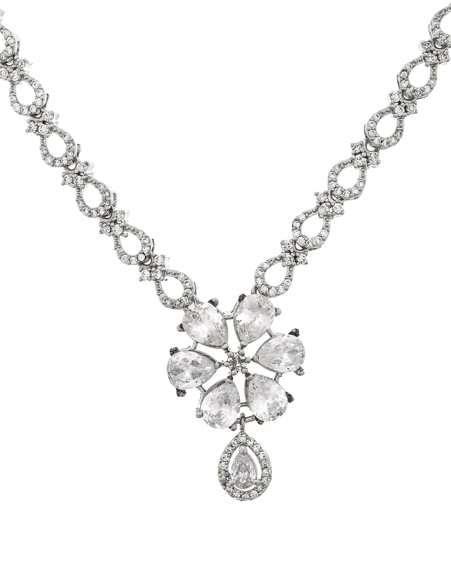 VOJ Silver Plated Ad Stone Studded Floral Jewellery Set