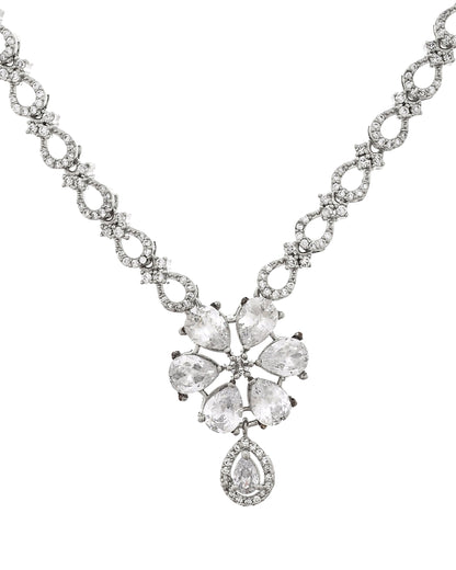VOJ Silver Plated Ad Stone Studded Floral Jewellery Set