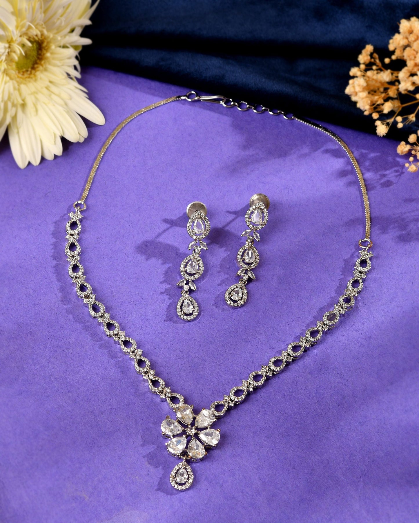 VOJ Silver Plated Ad Stone Studded Floral Jewellery Set