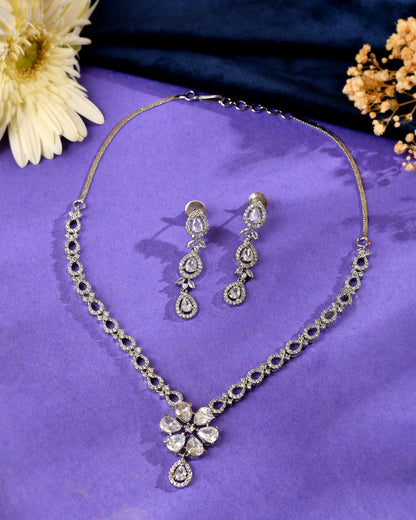 VOJ Silver Plated Ad Stone Studded Floral Jewellery Set
