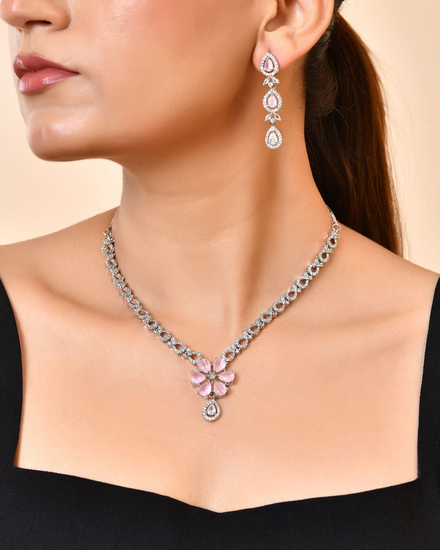 VOJ Silver Plated Ad Stone With Baby Pink Floral Jewellery Set