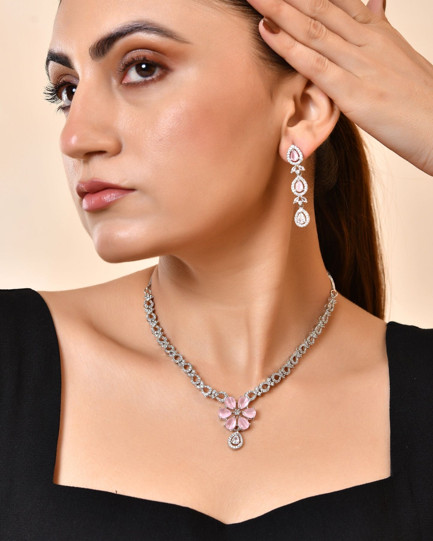 VOJ Silver Plated Ad Stone With Baby Pink Floral Jewellery Set