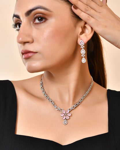 VOJ Silver Plated Ad Stone With Baby Pink Floral Jewellery Set