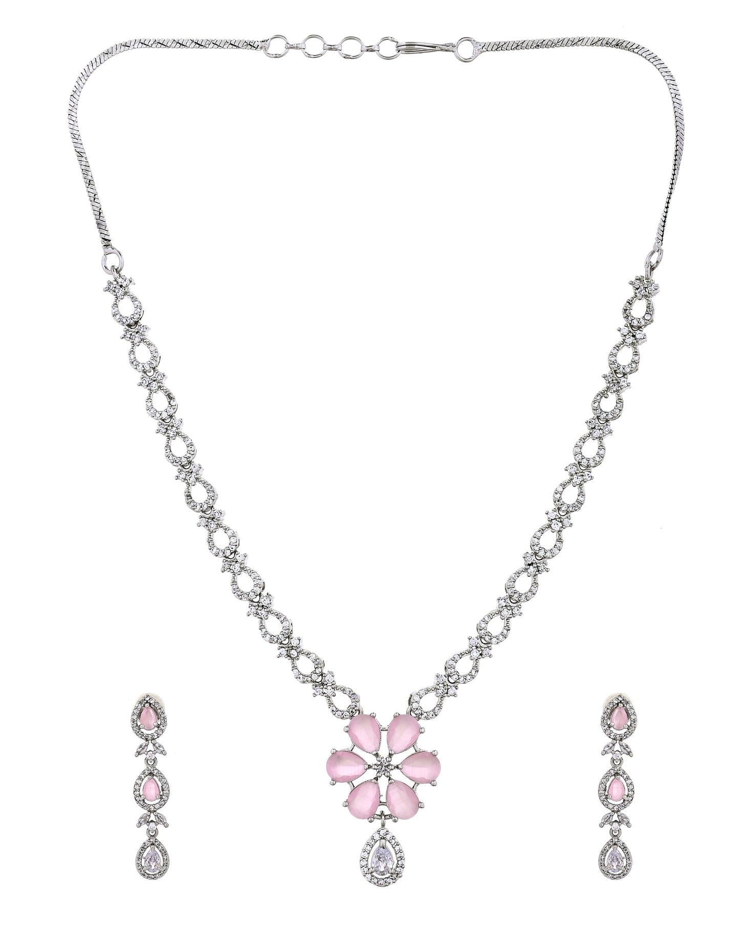 VOJ Silver Plated Ad Stone With Baby Pink Floral Jewellery Set