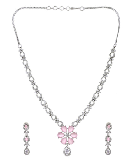 VOJ Silver Plated Ad Stone With Baby Pink Floral Jewellery Set