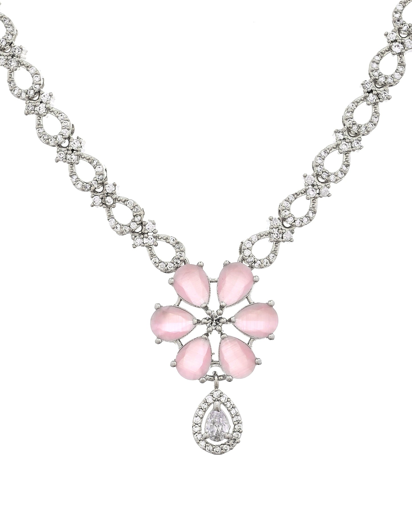 VOJ Silver Plated Ad Stone With Baby Pink Floral Jewellery Set