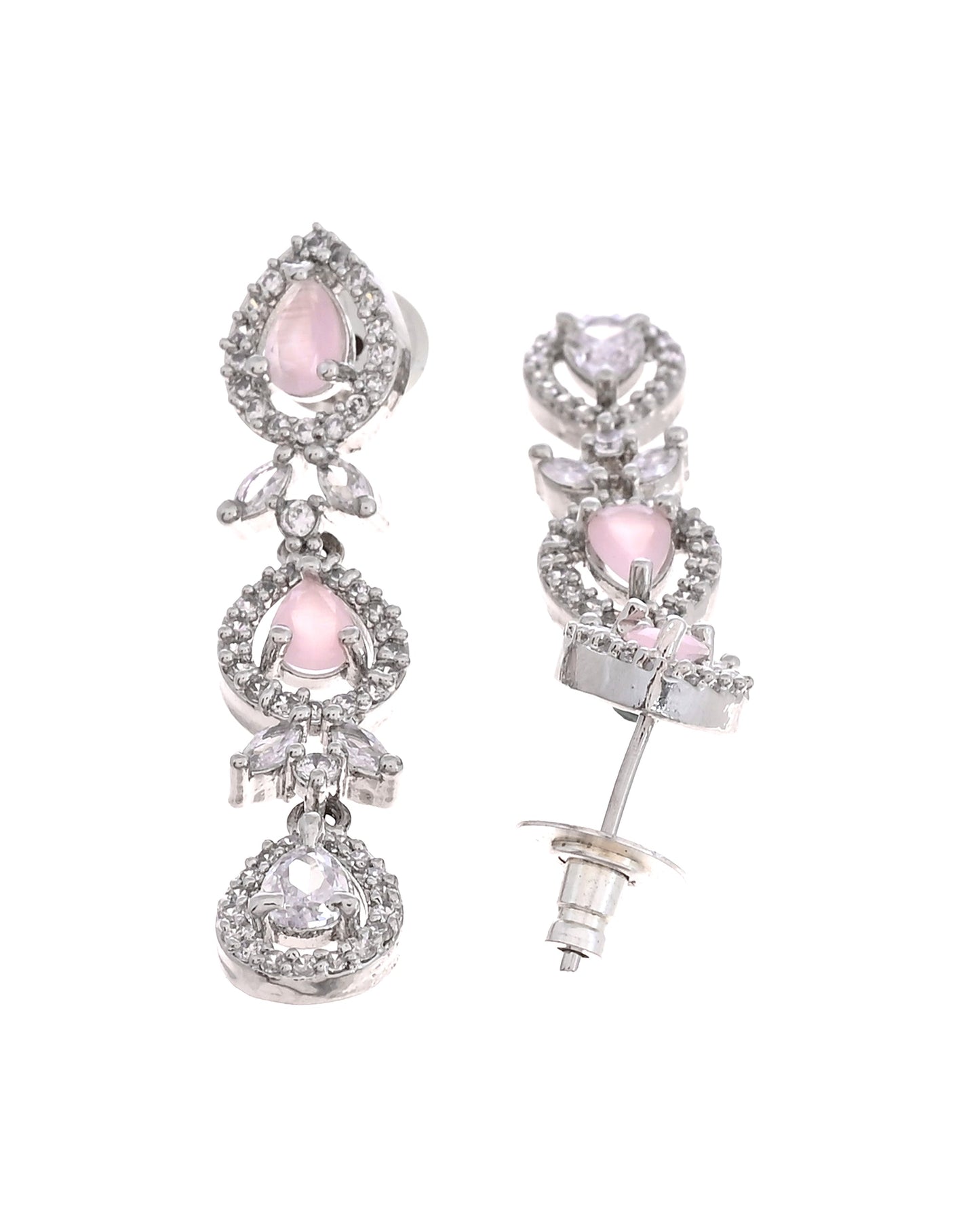 VOJ Silver Plated Ad Stone With Baby Pink Floral Jewellery Set
