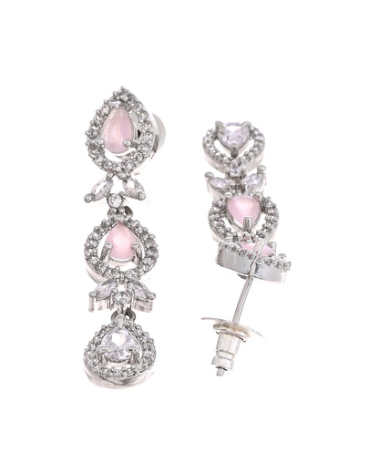 VOJ Silver Plated Ad Stone With Baby Pink Floral Jewellery Set