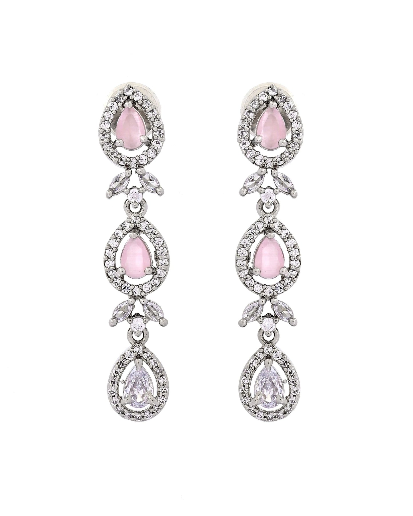 VOJ Silver Plated Ad Stone With Baby Pink Floral Jewellery Set
