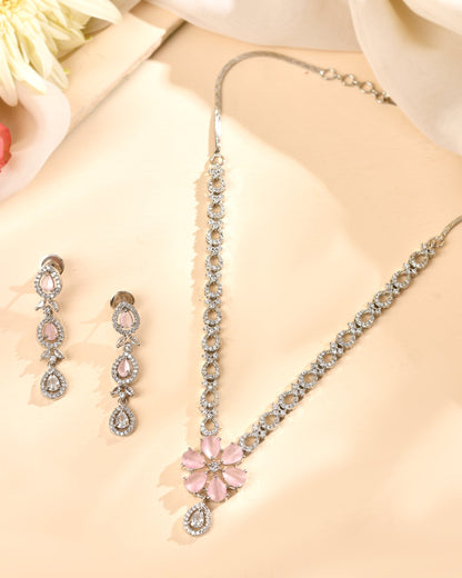 VOJ Silver Plated Ad Stone With Baby Pink Floral Jewellery Set