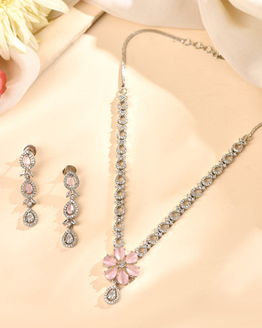 VOJ Silver Plated Ad Stone With Baby Pink Floral Jewellery Set