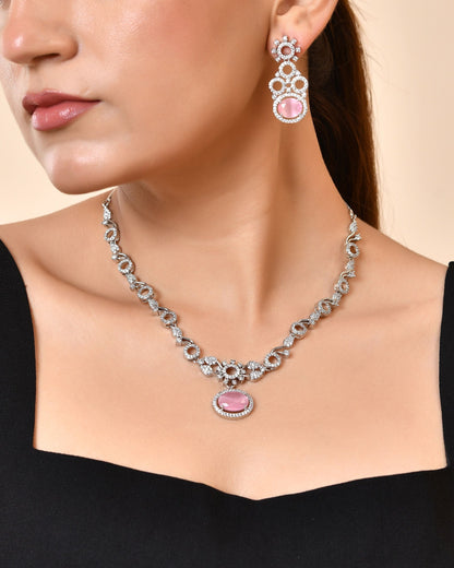 VOJ Silver Plated Designer Oval Stone Ad Necklace Set