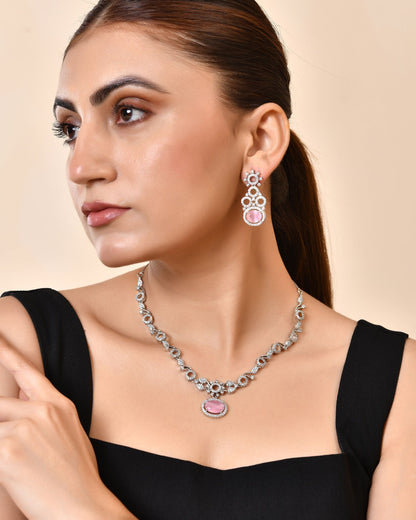 VOJ Silver Plated Designer Oval Stone Ad Necklace Set