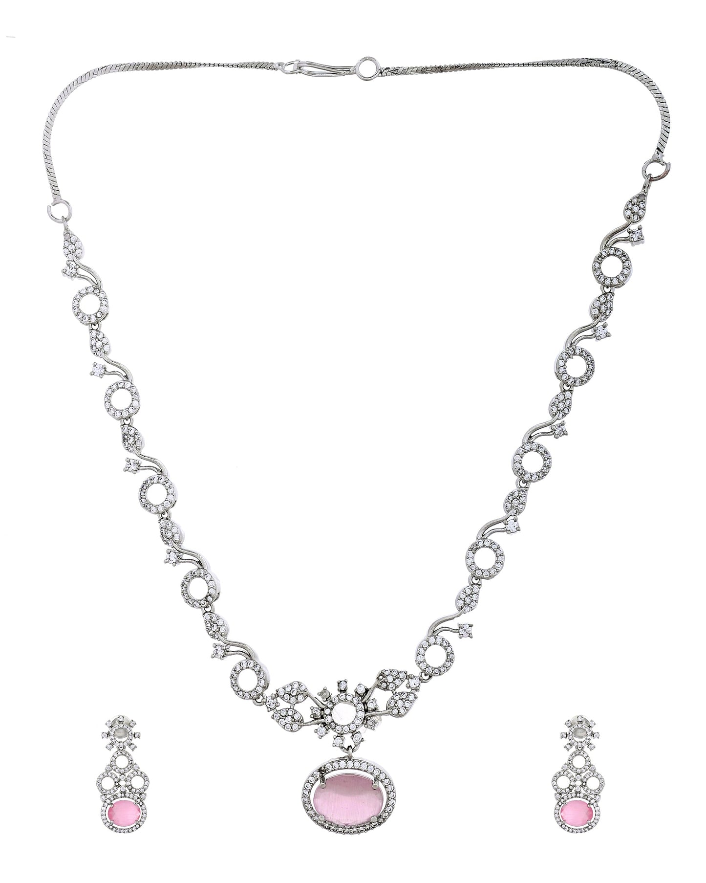 VOJ Silver Plated Designer Oval Stone Ad Necklace Set