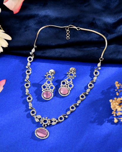 VOJ Silver Plated Designer Oval Stone Ad Necklace Set