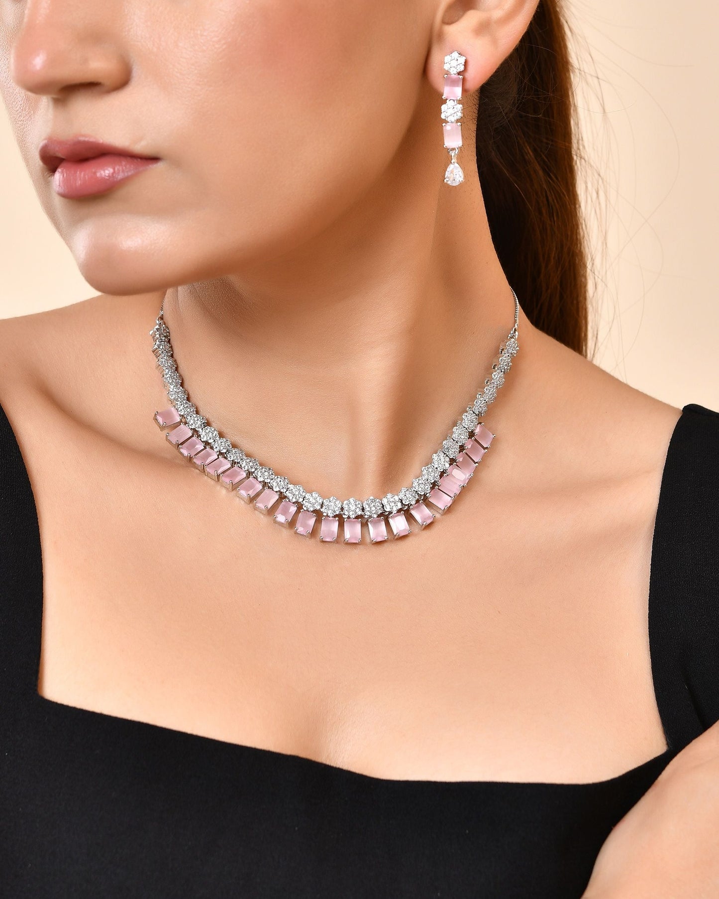 VOJ Silver Plated Baby Pink Rectangular Stone Ad Necklace Set