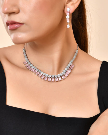 VOJ Silver Plated Baby Pink Rectangular Stone Ad Necklace Set