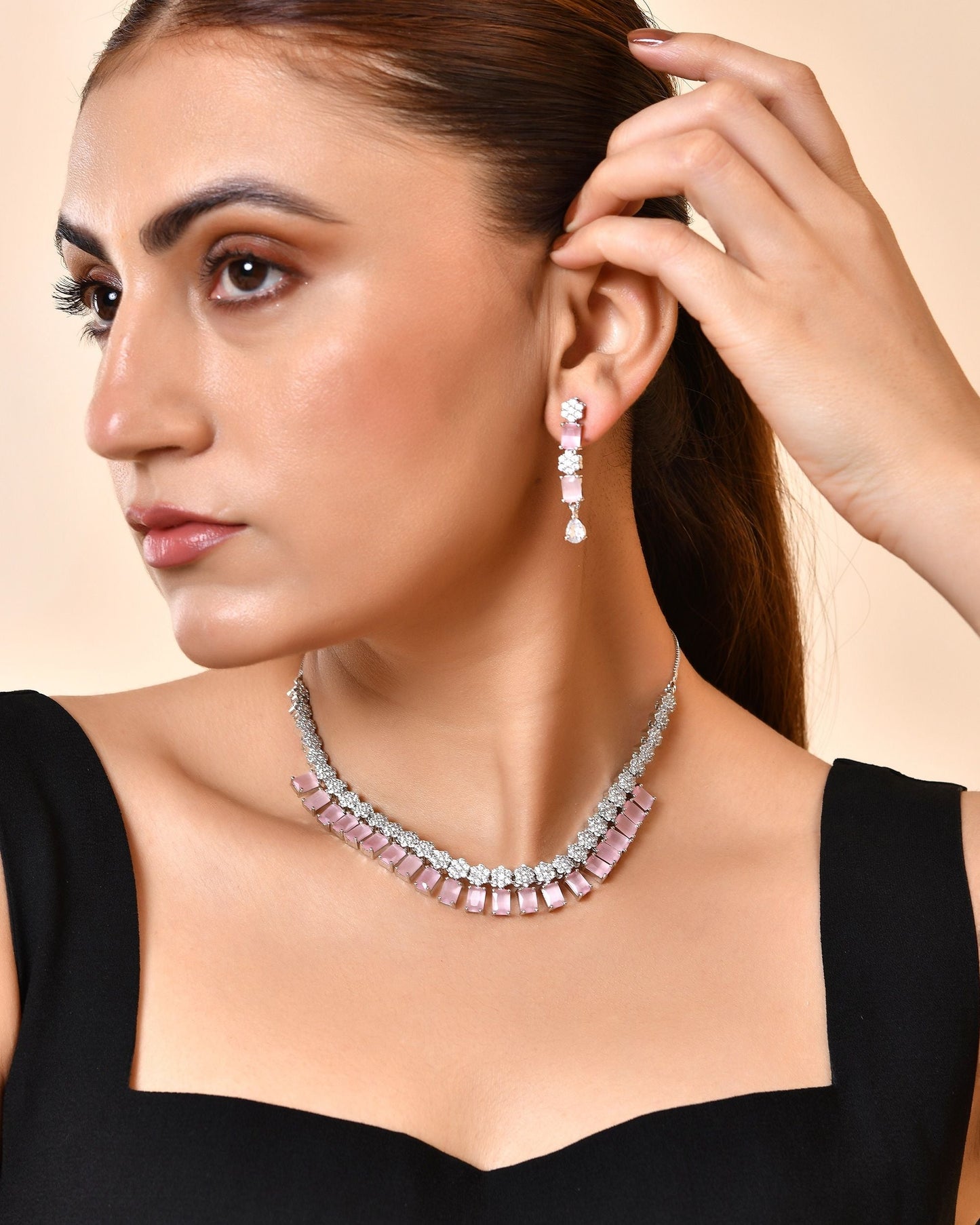 VOJ Silver Plated Baby Pink Rectangular Stone Ad Necklace Set