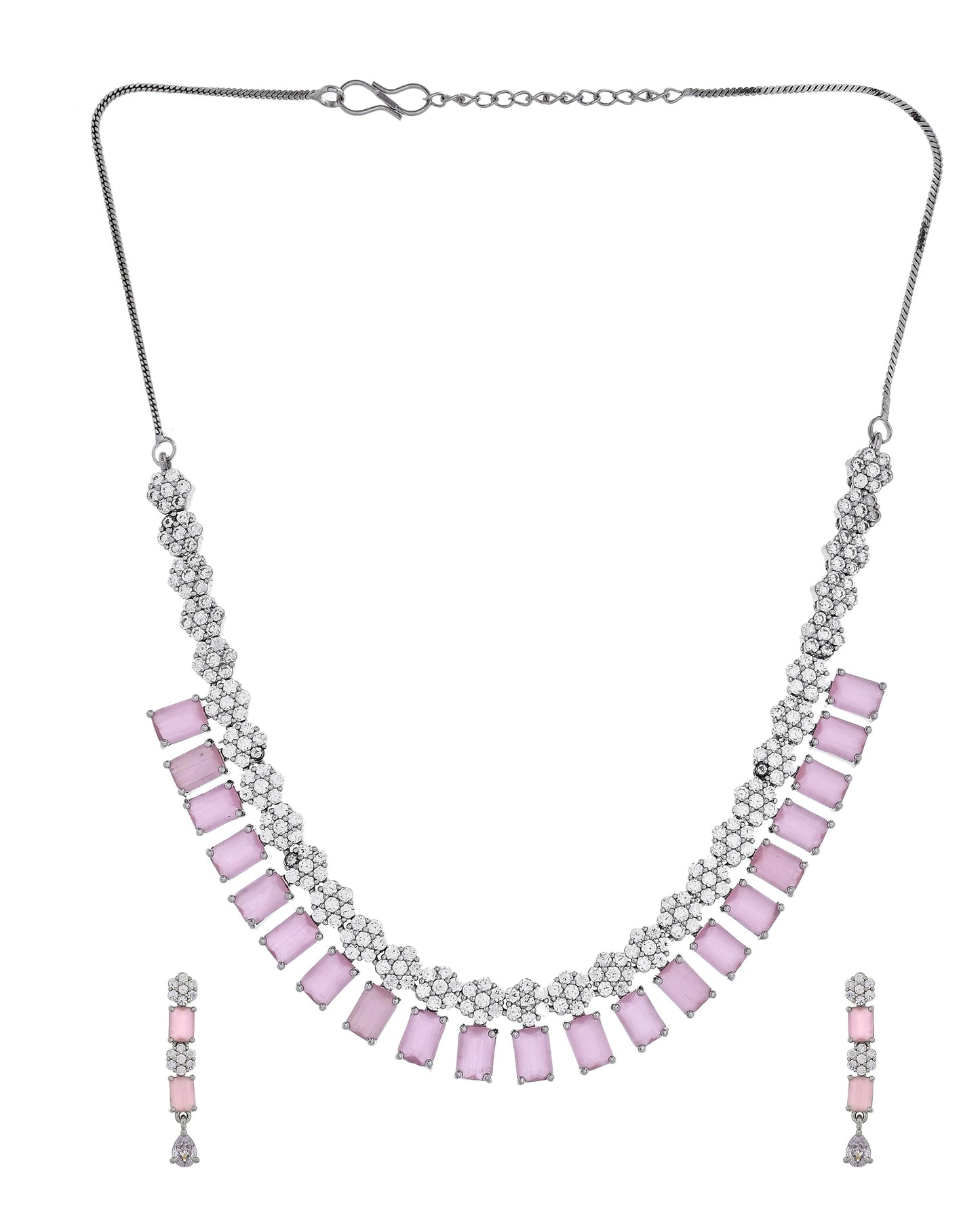 VOJ Silver Plated Baby Pink Rectangular Stone Ad Necklace Set