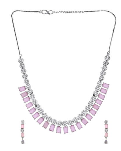 VOJ Silver Plated Baby Pink Rectangular Stone Ad Necklace Set