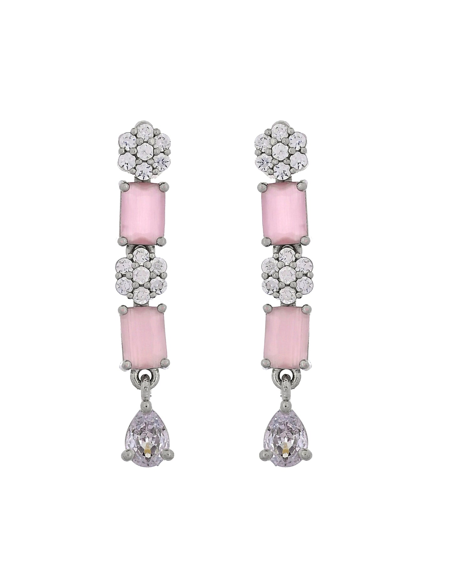 VOJ Silver Plated Baby Pink Rectangular Stone Ad Necklace Set