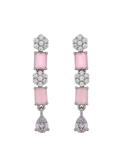 VOJ Silver Plated Baby Pink Rectangular Stone Ad Necklace Set