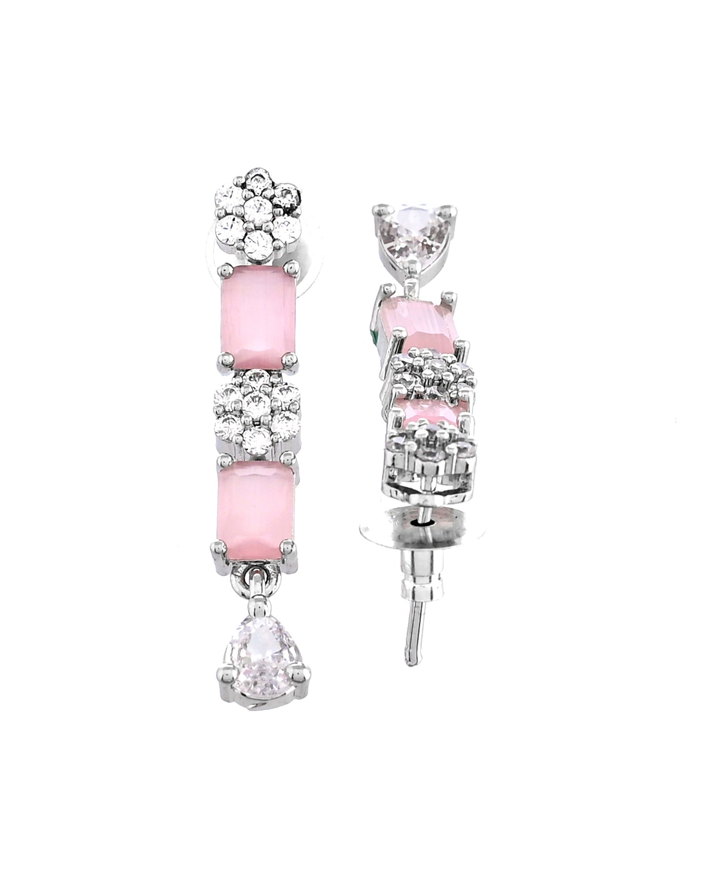 VOJ Silver Plated Baby Pink Rectangular Stone Ad Necklace Set