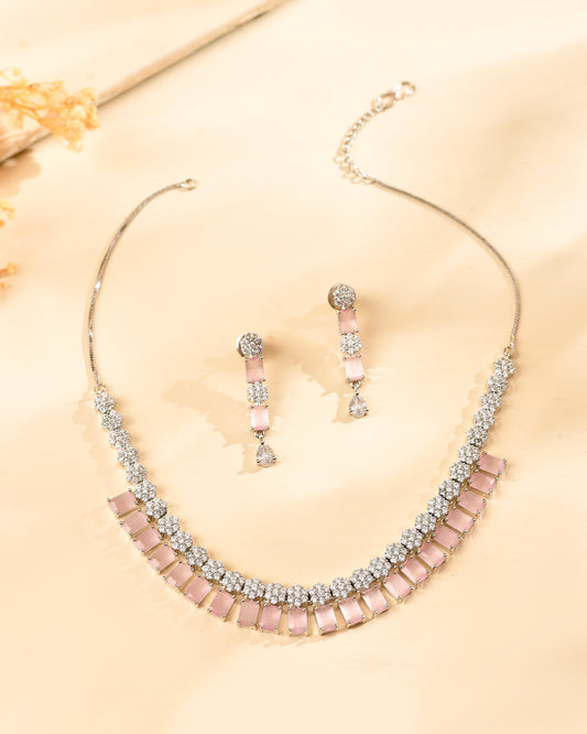 VOJ Silver Plated Baby Pink Rectangular Stone Ad Necklace Set