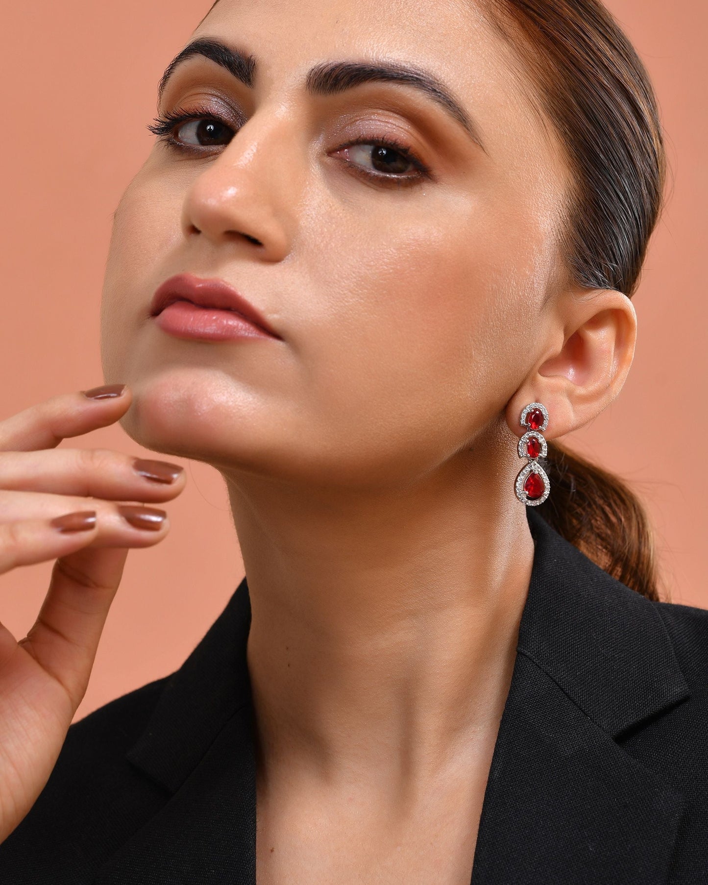 VOJ Silver Toned Red Ad Studs Earrings