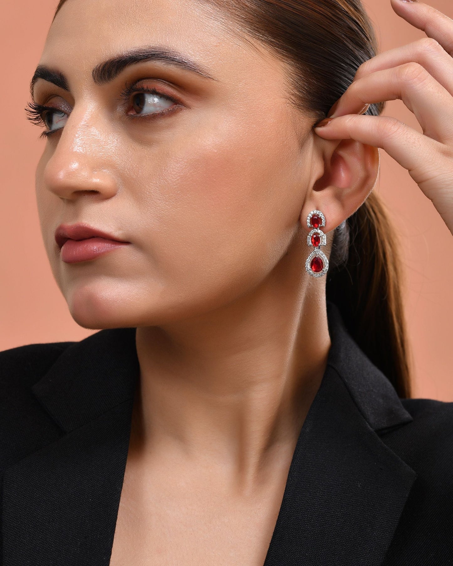 VOJ Silver Toned Red Ad Studs Earrings