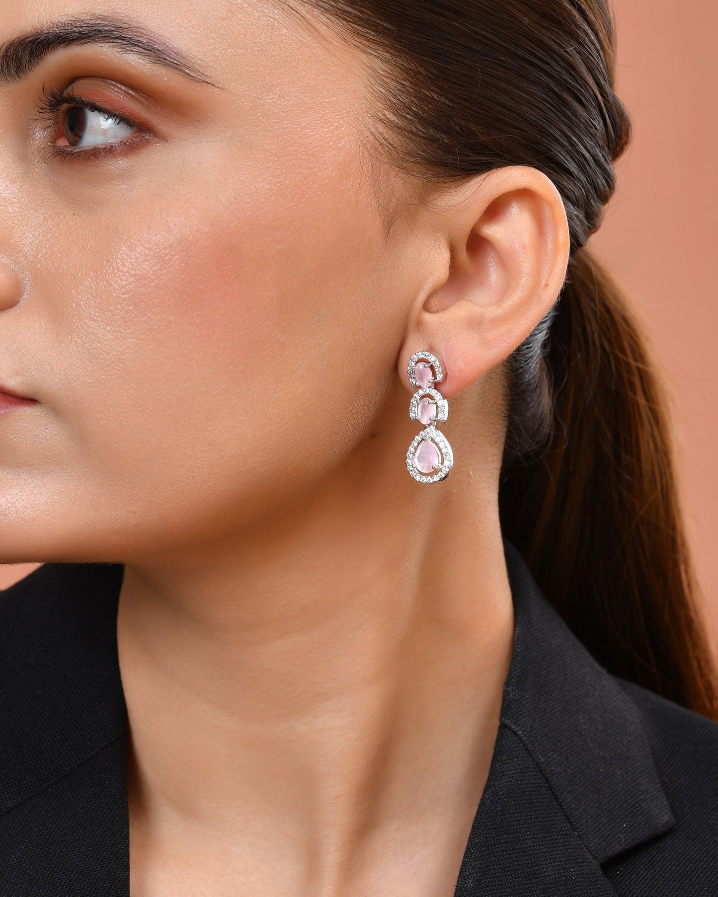 VOJ Silver Toned Baby Pink Ad Studs Earrings