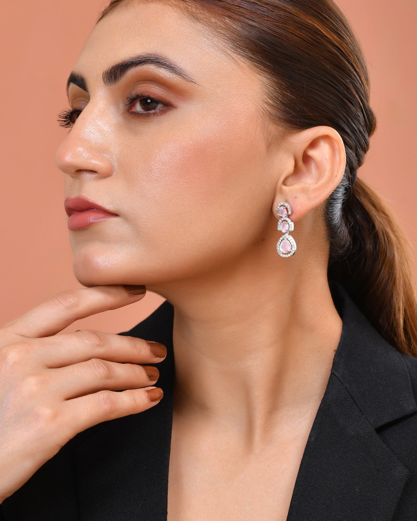VOJ Silver Toned Baby Pink Ad Studs Earrings
