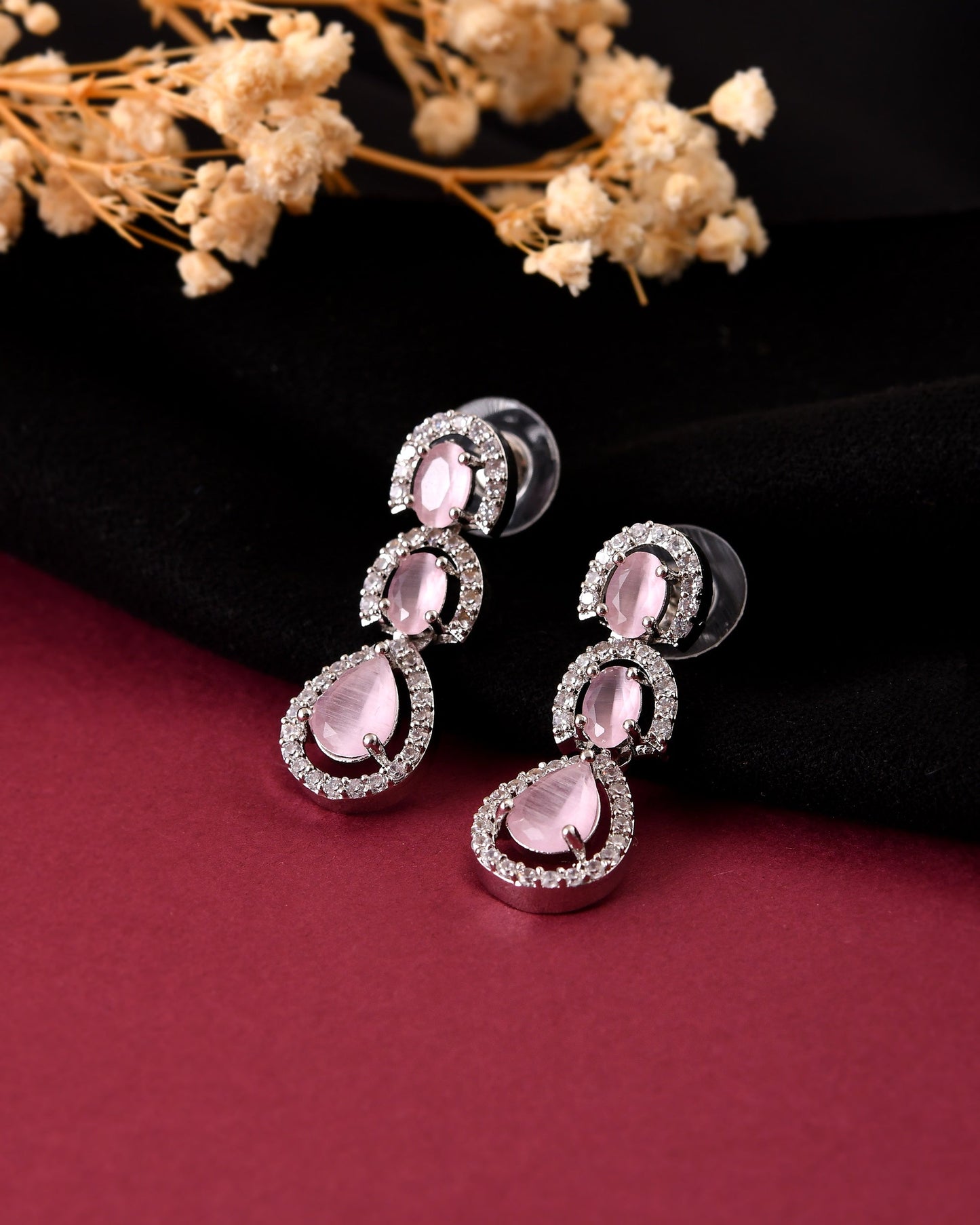 VOJ Silver Toned Baby Pink Ad Studs Earrings