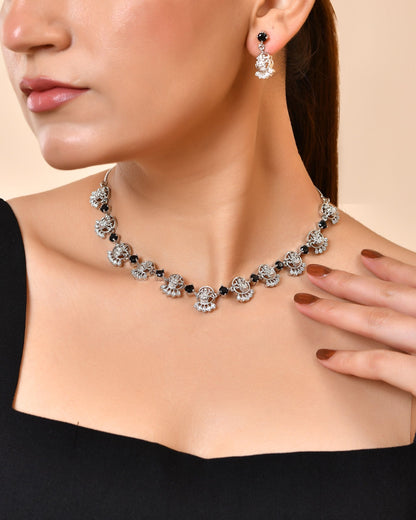 VOJ Silver Plated Ad Black Stone Temple Jewellery Set