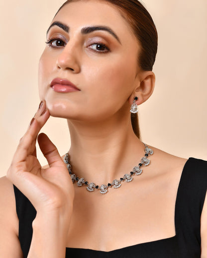 VOJ Silver Plated Ad Black Stone Temple Jewellery Set