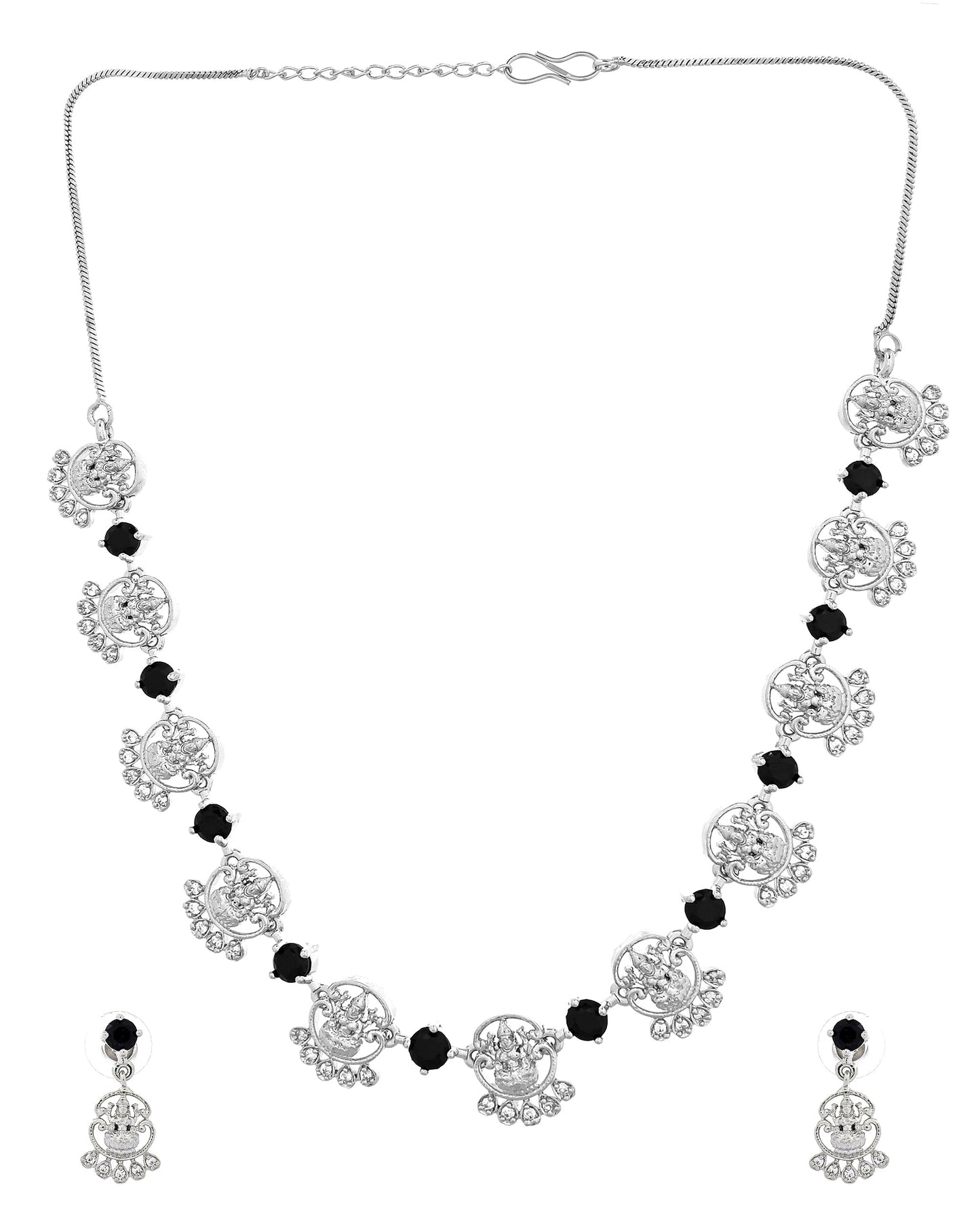 VOJ Silver Plated Ad Black Stone Temple Jewellery Set