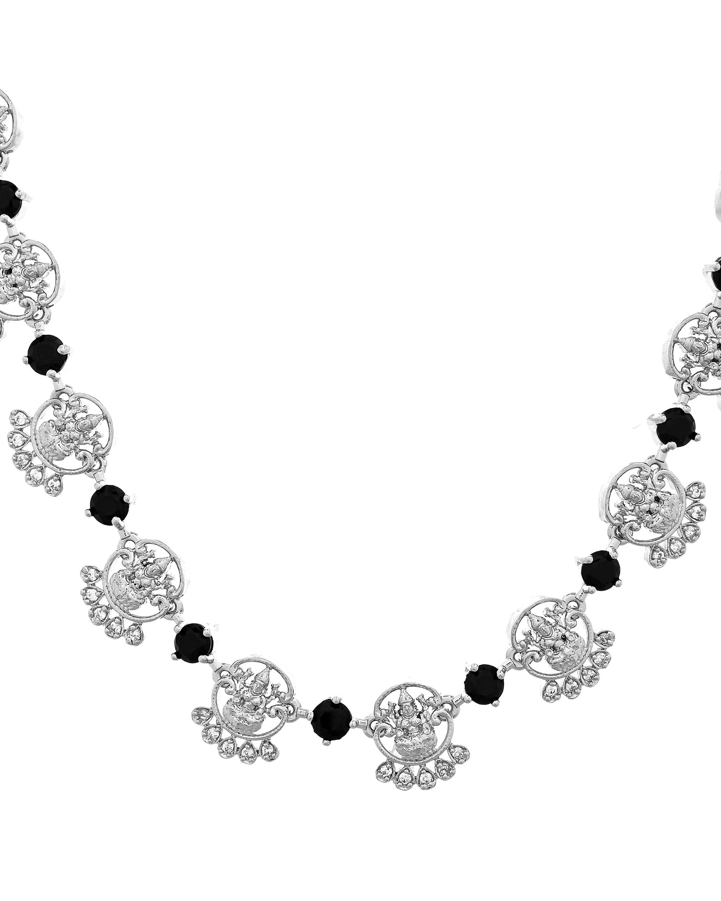 VOJ Silver Plated Ad Black Stone Temple Jewellery Set