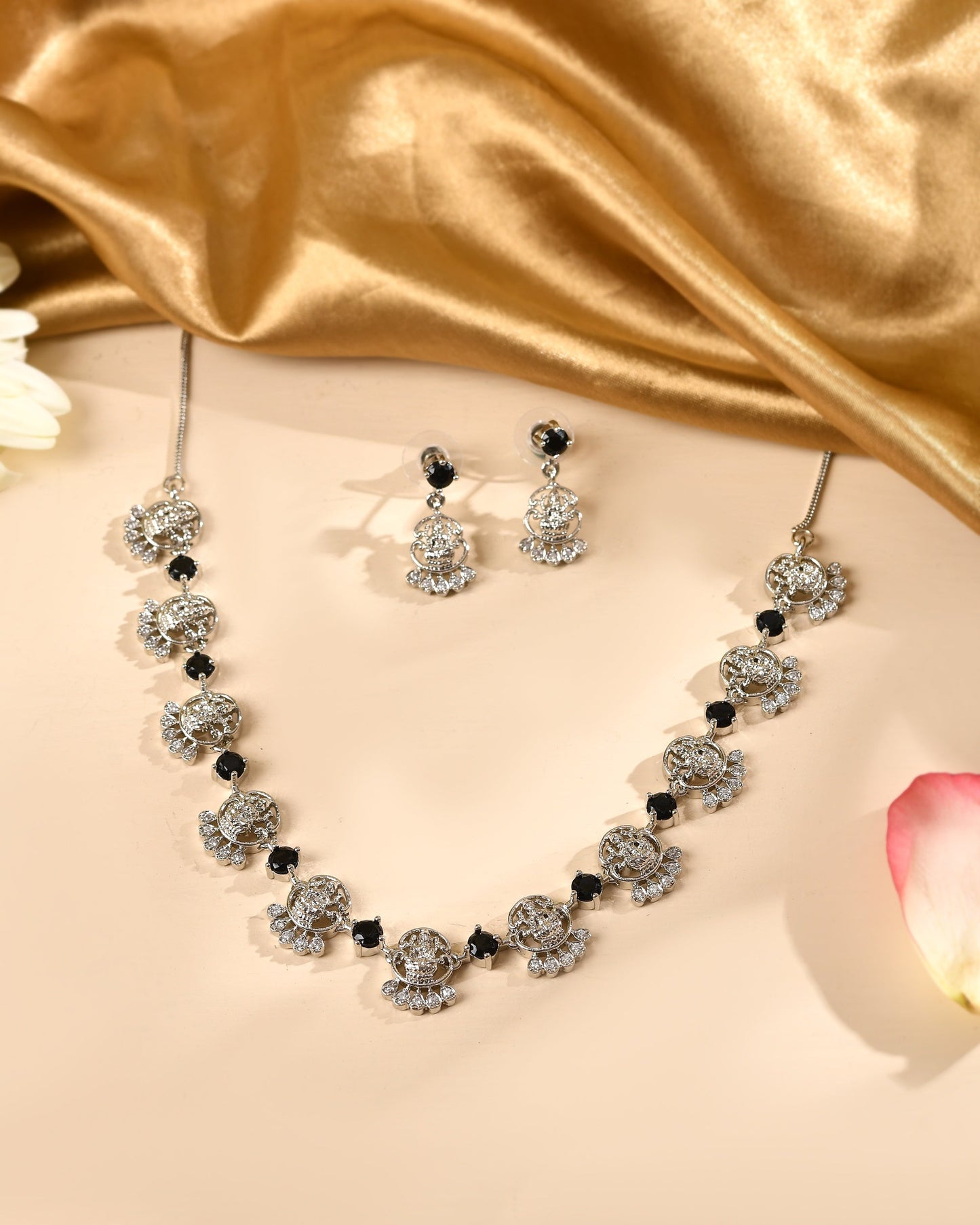 VOJ Silver Plated Ad Black Stone Temple Jewellery Set