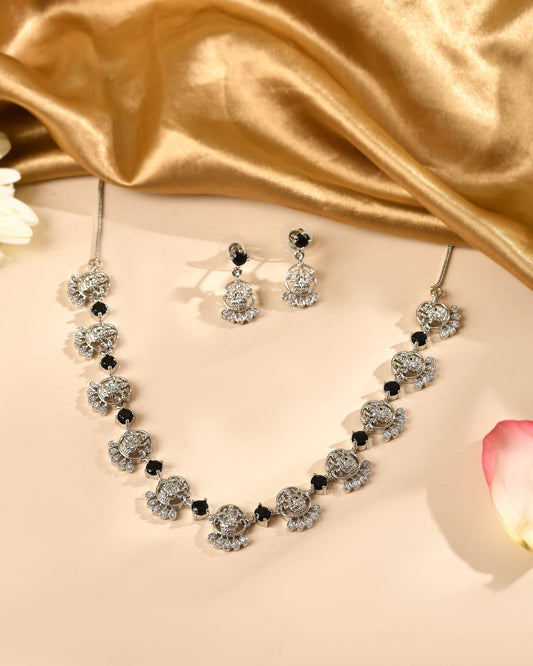 VOJ Silver Plated Ad Black Stone Temple Jewellery Set