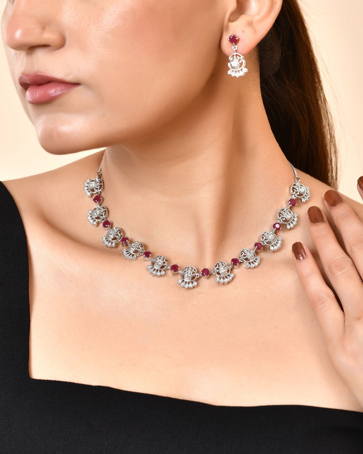 VOJ Silver Plated Ad Wine Stone Temple Jewellery Set