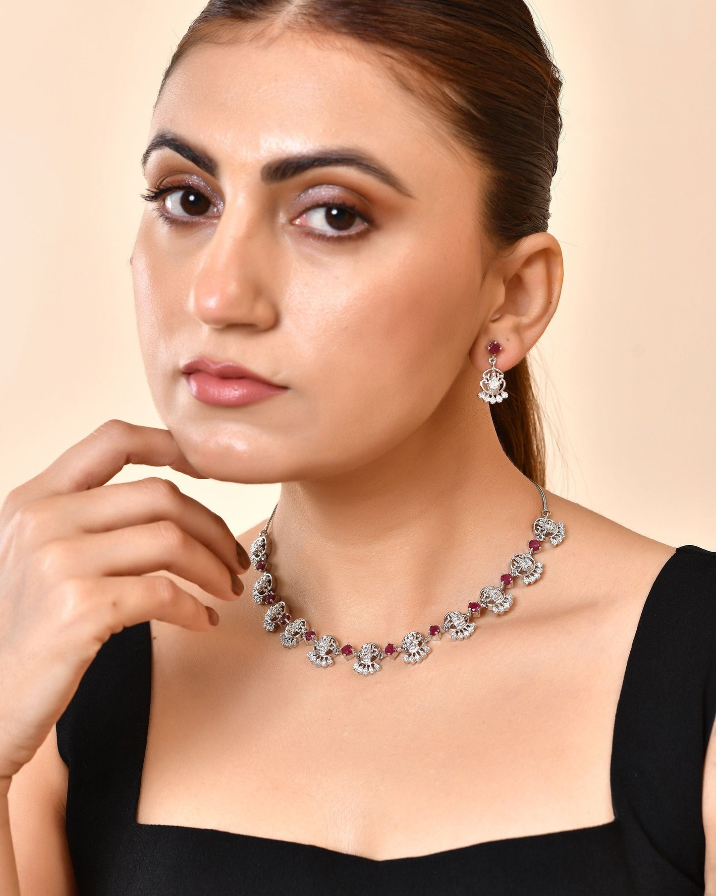 VOJ Silver Plated Ad Wine Stone Temple Jewellery Set