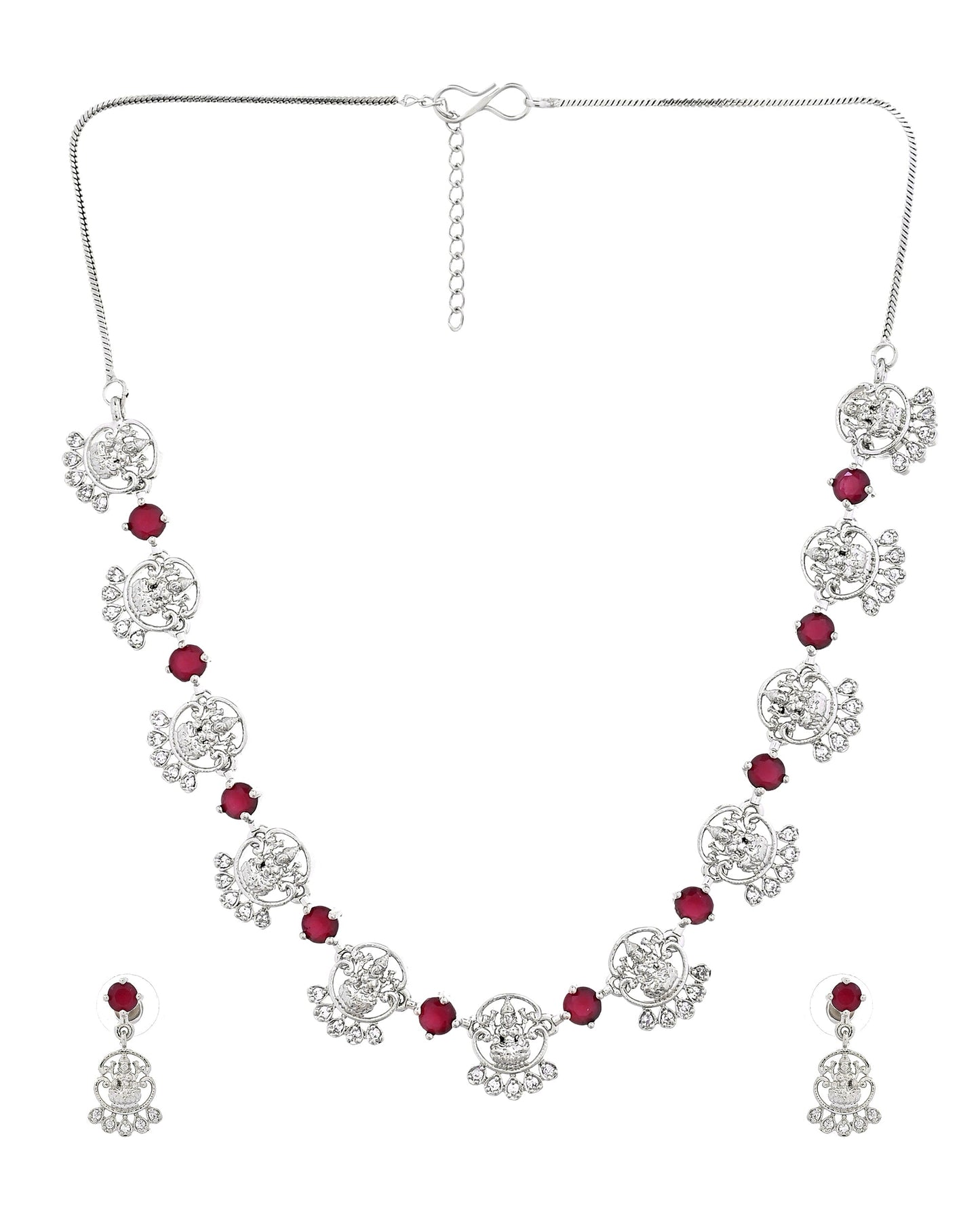 VOJ Silver Plated Ad Wine Stone Temple Jewellery Set