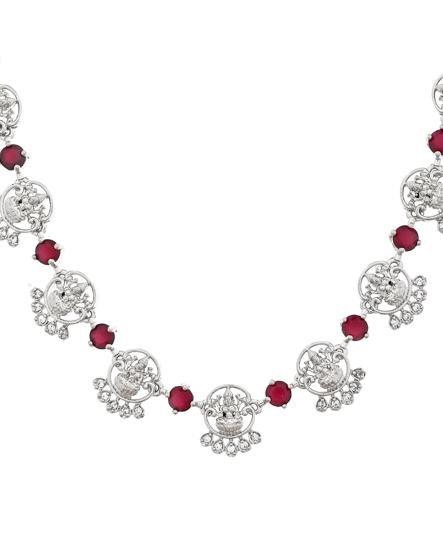 VOJ Silver Plated Ad Wine Stone Temple Jewellery Set