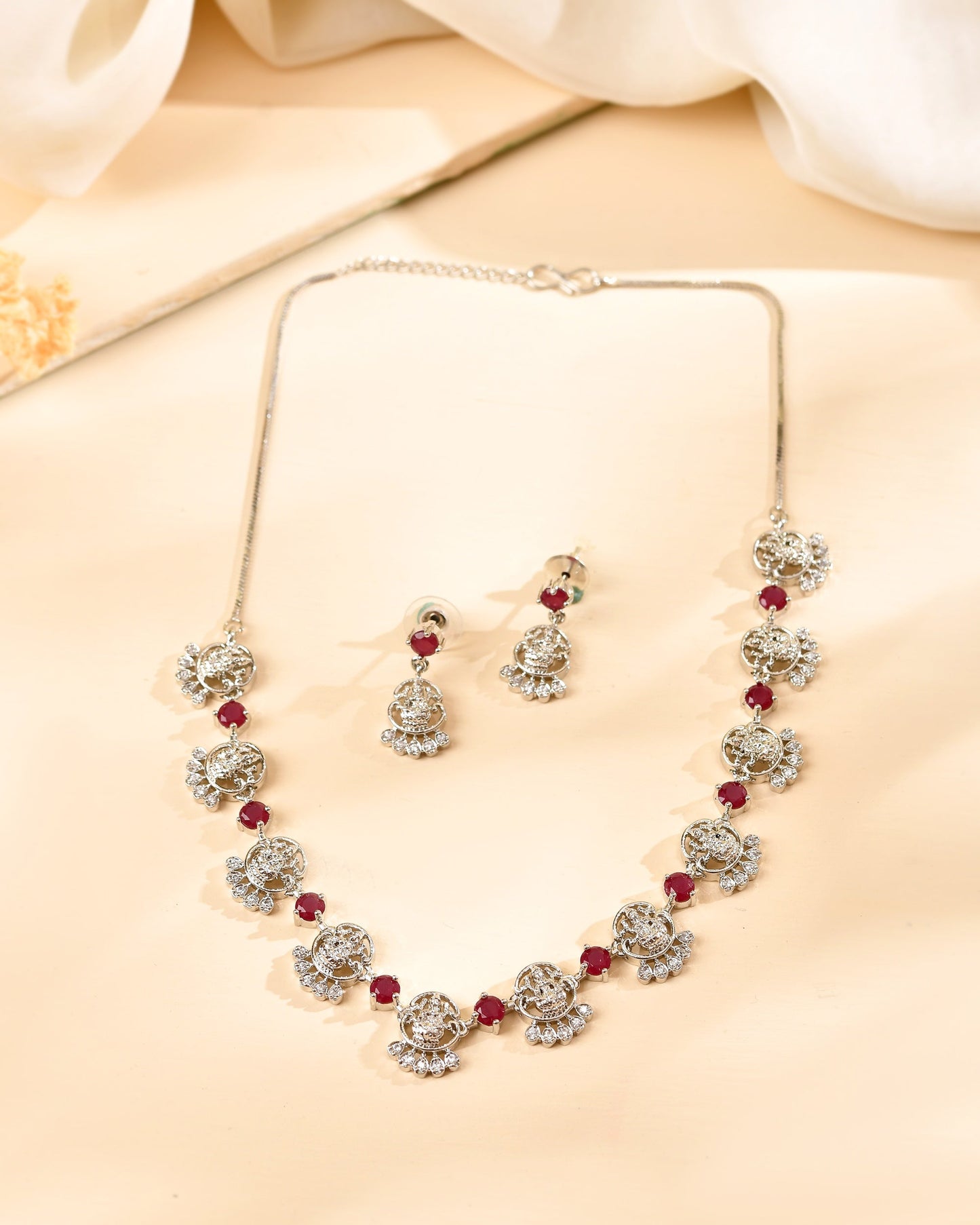 VOJ Silver Plated Ad Wine Stone Temple Jewellery Set