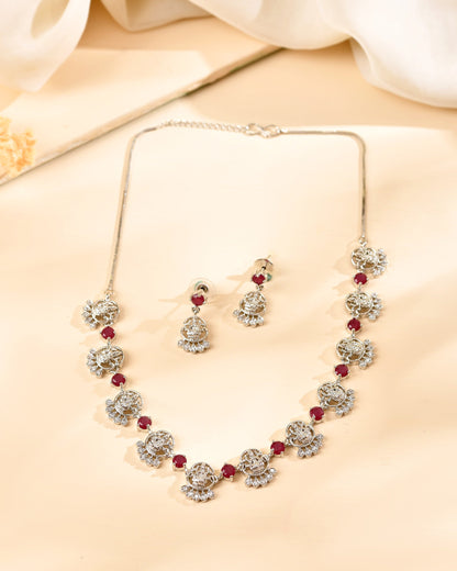 VOJ Silver Plated Ad Wine Stone Temple Jewellery Set