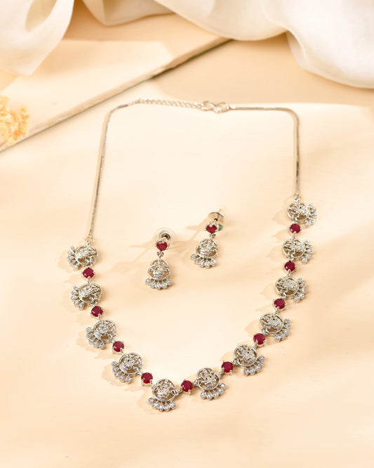 VOJ Silver Plated Ad Wine Stone Temple Jewellery Set