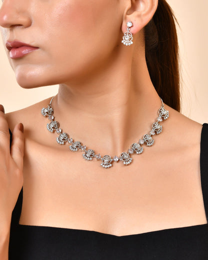 VOJ Silver Plated Ad Stone Temple Jewellery Set